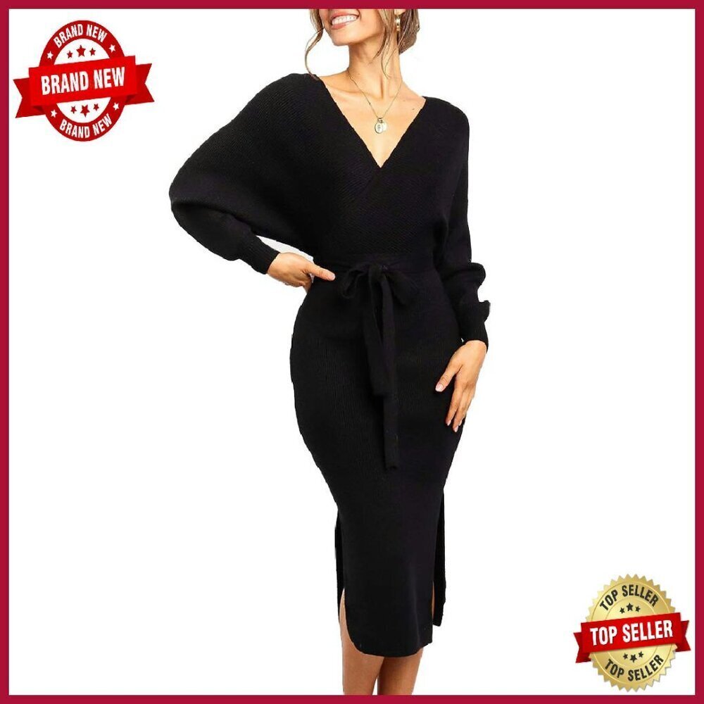 Long Maxi Sweater Dress Wrap V-Neck Batwing Sleeves Bodycon